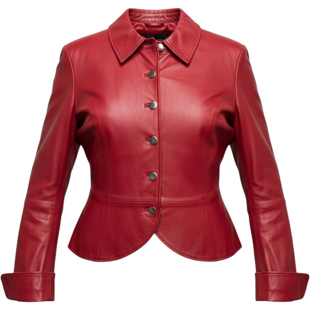 Womens Red Genuine Leather Jacket Size 16 Tailored Peplum Snap Front